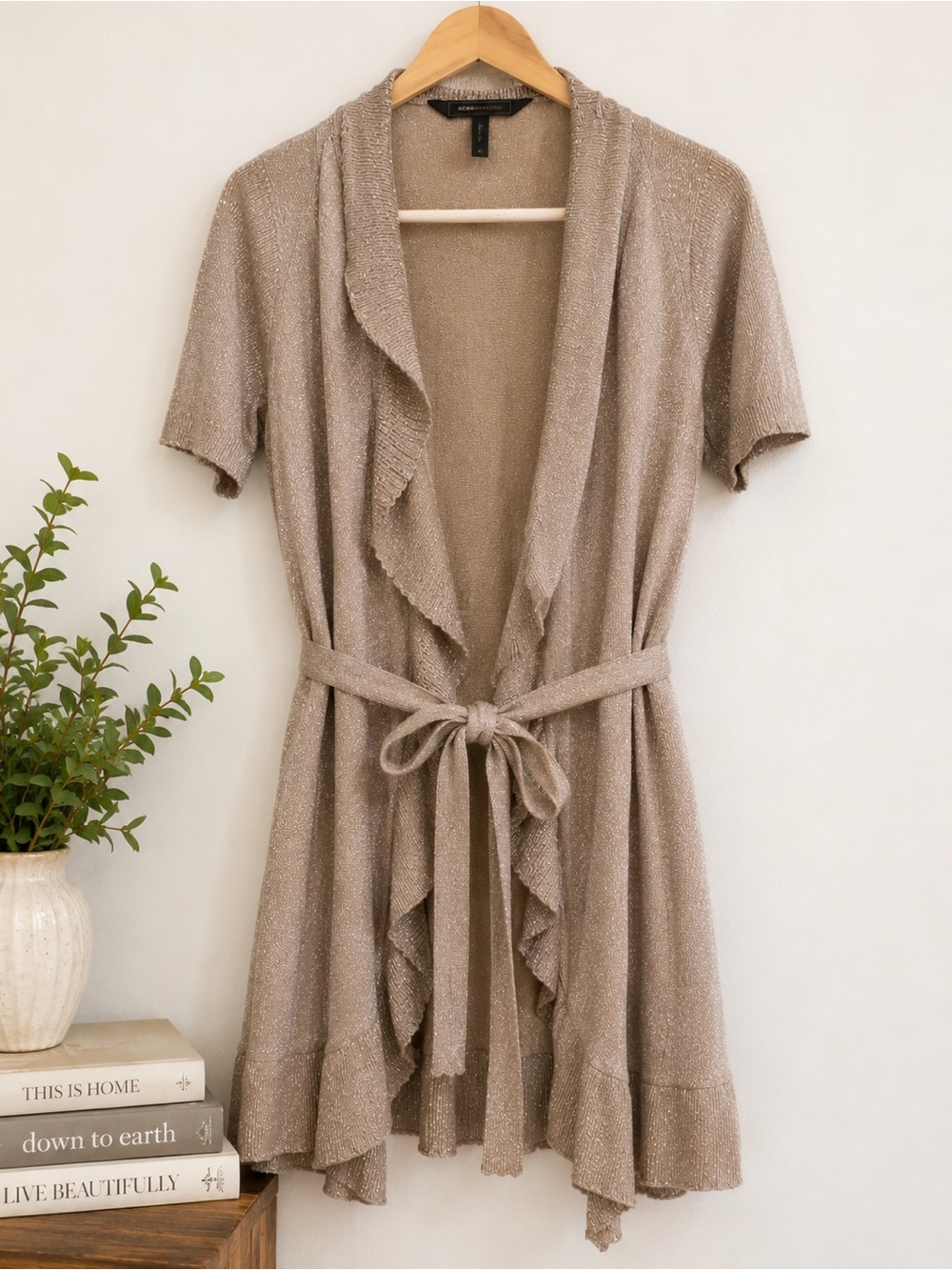 BCBGMAXAZRIA Metallic Shimmer Open Cardigan | Silk Blend | Taupe | Small